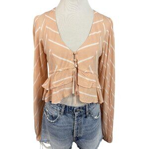 Free People Shirt Womens XS‎ Pink White Stripe Ruffle Peplum Boho Long Sleeve